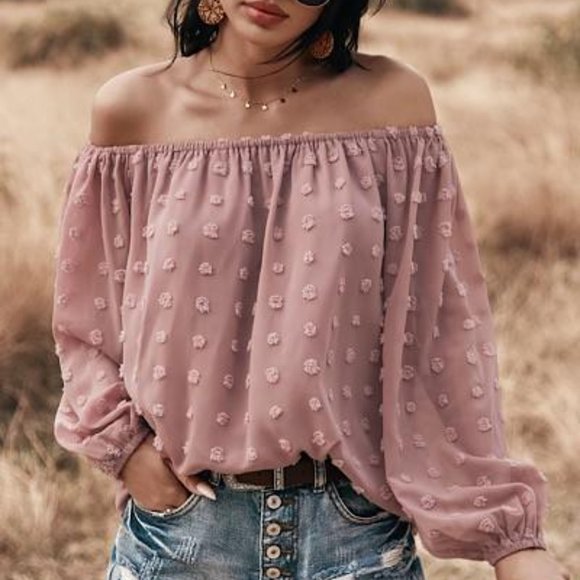 BOHO FLOWY OFF THE SHOULDER TOP - PINK - Picture 4 of 9